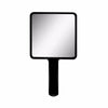 A rectangular, handheld makeup mirror with a black frame and handle.