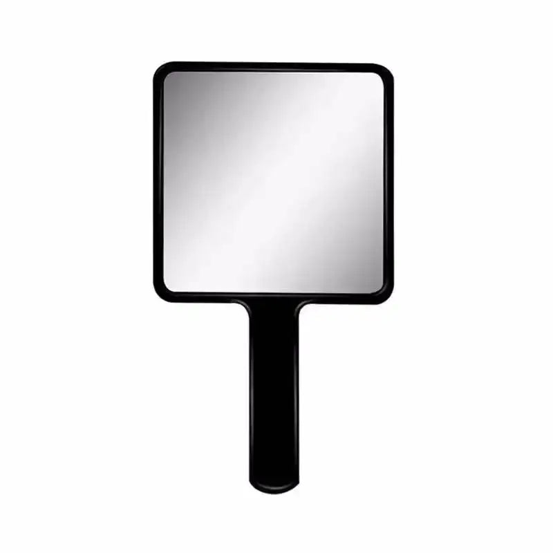 A rectangular, handheld makeup mirror with a black frame and handle.