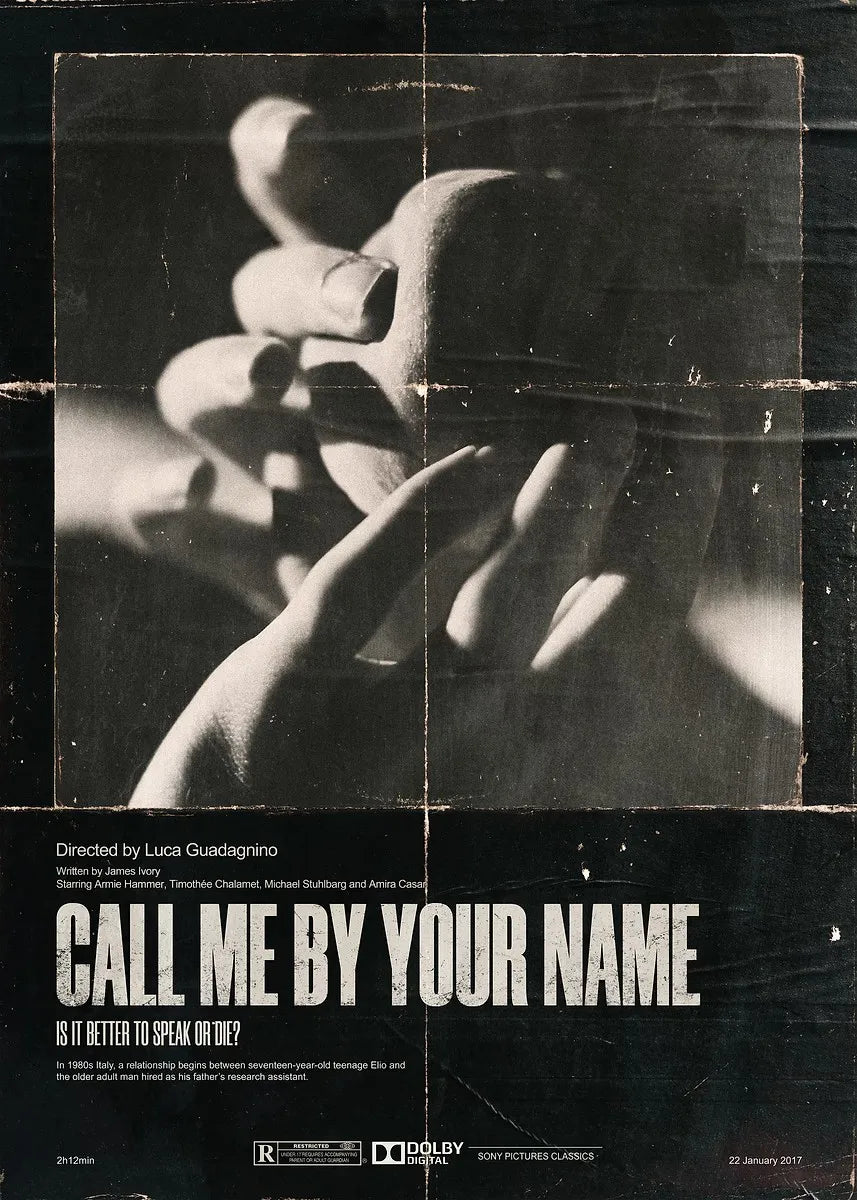 A black and white film poster for the movie Call Me by Your Name featuring a close-up of a hand and face.