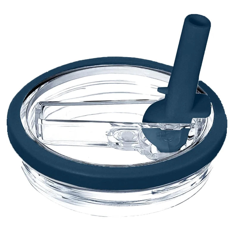 A dark blue replacement tumbler lid with a silicone stopper is shown inside a clear glass jar.