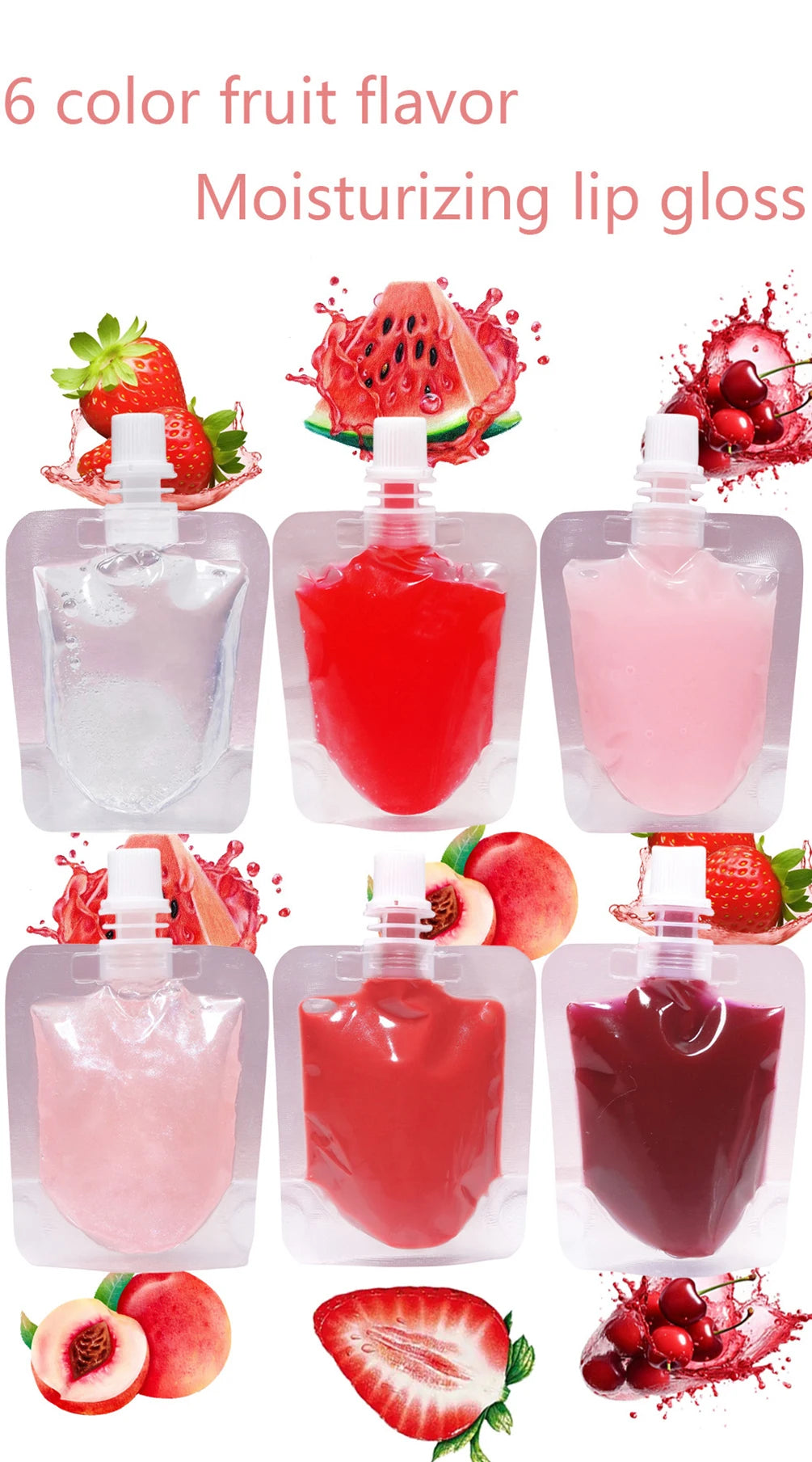 Six colorful fruit flavor moisturizing lip glosses in glass bottles.