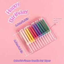 A clear plastic container holds a set of 13 colorful flame candles for a birthday celebration.