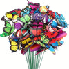 A vibrant bouquet of colorful decorative butterfly garden stakes in various shades of pink, purple, blue, and green.