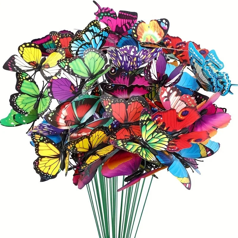 A vibrant bouquet of colorful decorative butterfly garden stakes in various shades of pink, purple, blue, and green.