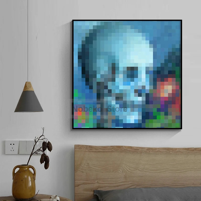 A framed canvas wall art featuring a pixelated blue skull against a dark blue background.