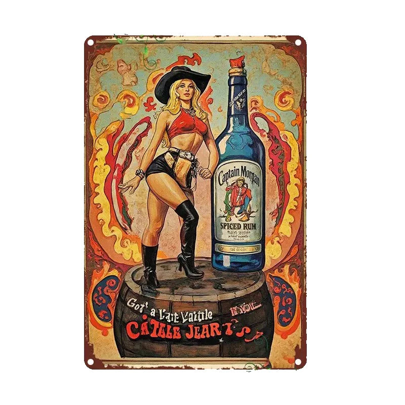 Vintage beer metal tin sign featuring a woman, a bottle of spiced rum, and text on a rustic background.