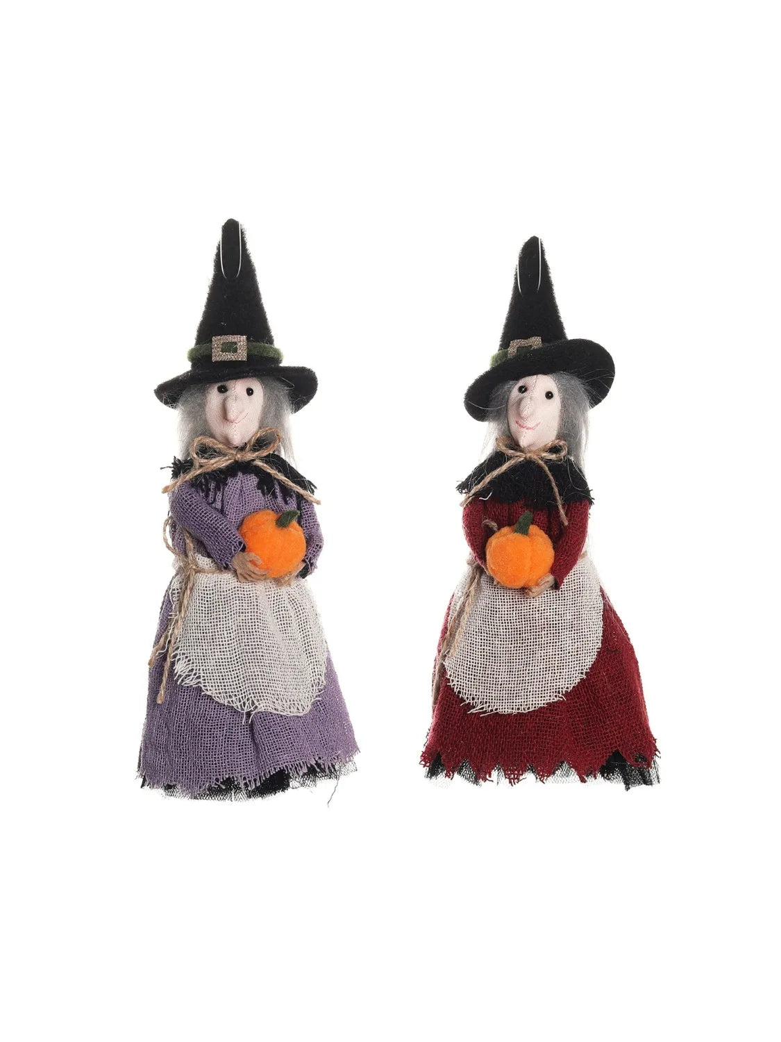 A set of two witch ornaments featuring a black pointed hat and rustic clothing with orange accents.
