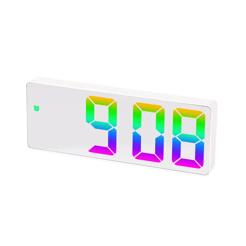 A white digital alarm clock displaying the time 9:08 with a colorful LED display.