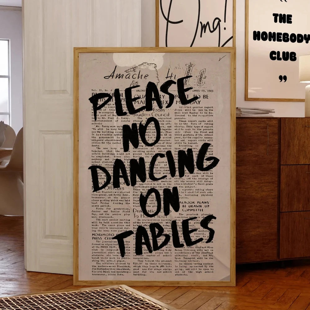 Vintage newspaper style canvas wall art featuring text about no dancing on tables