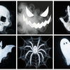 A grid of four spooky Halloween-themed images featuring a skull, a grinning monster face, a ghostly hand, and a glowing ghost
