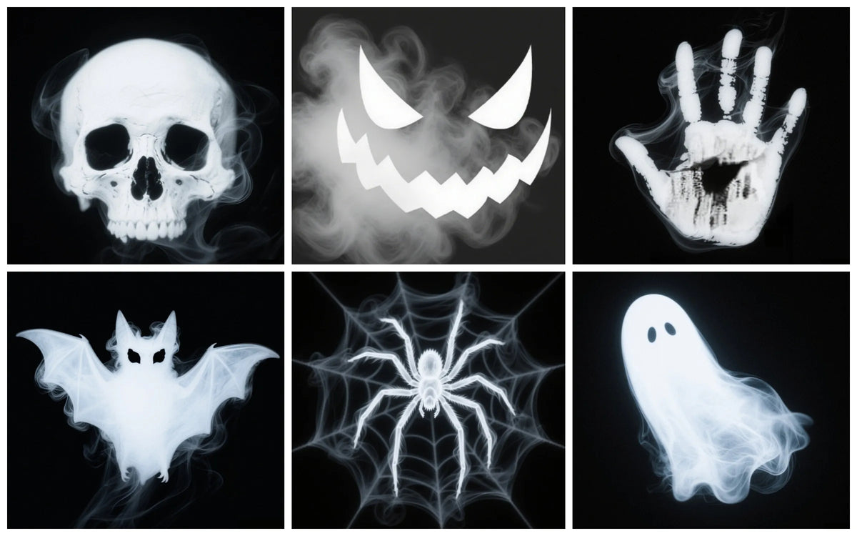 A grid of four spooky Halloween-themed images featuring a skull, a grinning monster face, a ghostly hand, and a glowing ghost