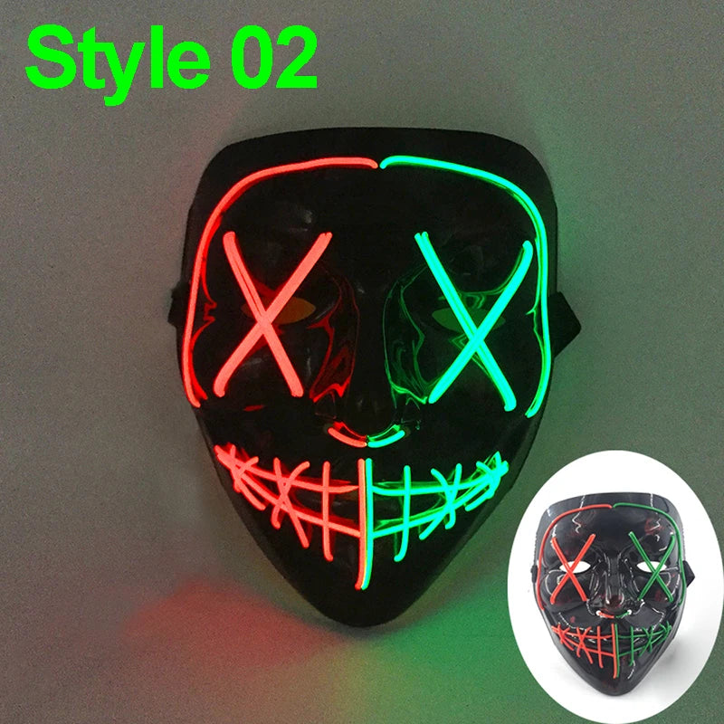 A black mask with glowing neon green and red lines forming an 'X' pattern, used for Halloween cosplay.
