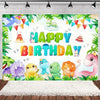 A colorful cartoon dinosaur birthday party backdrop featuring various dinosaurs and festive decorations.