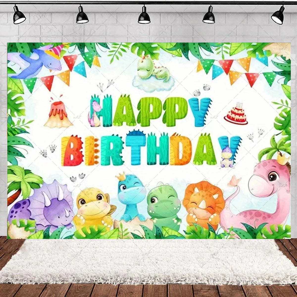 A colorful cartoon dinosaur birthday party backdrop featuring various dinosaurs and festive decorations.