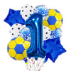 A collection of blue and yellow football-shaped foil balloons and a large blue number one balloon for birthday decorations