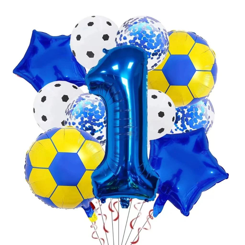 A collection of blue and yellow football-shaped foil balloons and a large blue number one balloon for birthday decorations