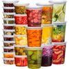 A collection of clear deli-style meal prep containers filled with various colorful fruits and vegetables.
