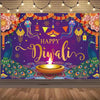 A vibrant purple backdrop for Diwali celebrations featuring floral garlands, colorful lanterns, and decorative elements.