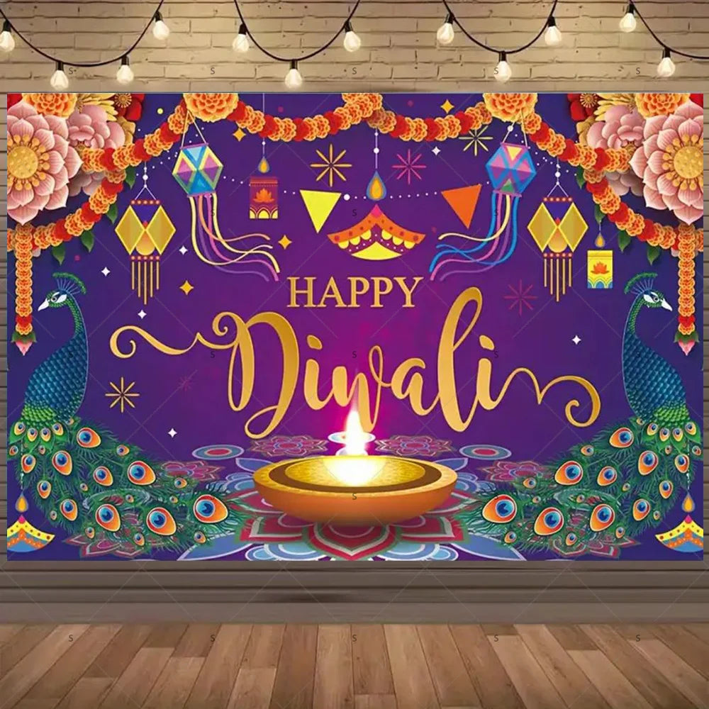 A vibrant purple backdrop for Diwali celebrations featuring floral garlands, colorful lanterns, and decorative elements.