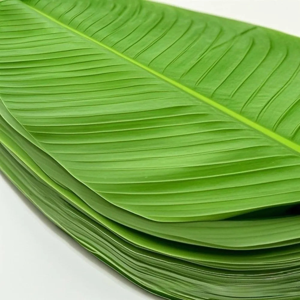 A stack of five green tropical banana leaf coasters or table protectors.