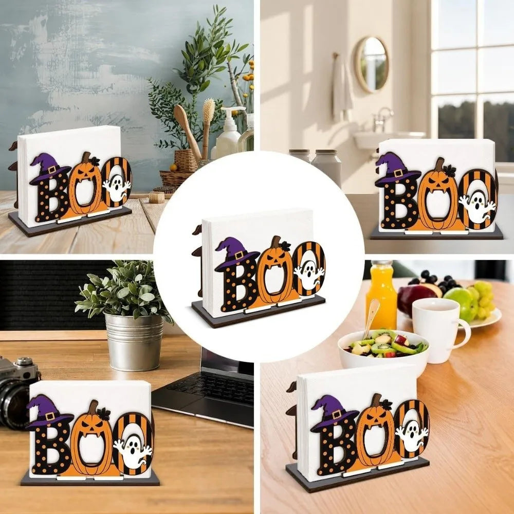 A wooden tissue dispenser featuring a black and orange ghost pattern, displayed in various contexts.