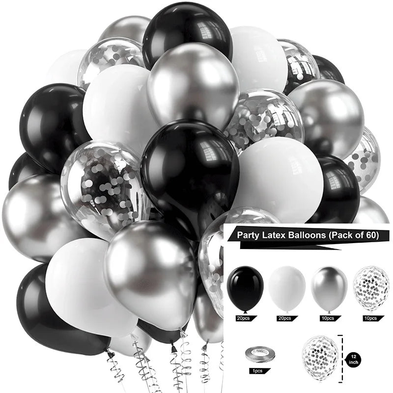 A pack of 60 white and silver latex balloons for parties and celebrations