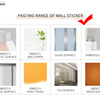 Diagram showing the pasting range of a wall sticker on various surfaces including plastic, wallpaper, glass, mirror, tile, an