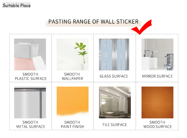 Diagram showing the pasting range of a wall sticker on various surfaces including plastic, wallpaper, glass, mirror, tile, an