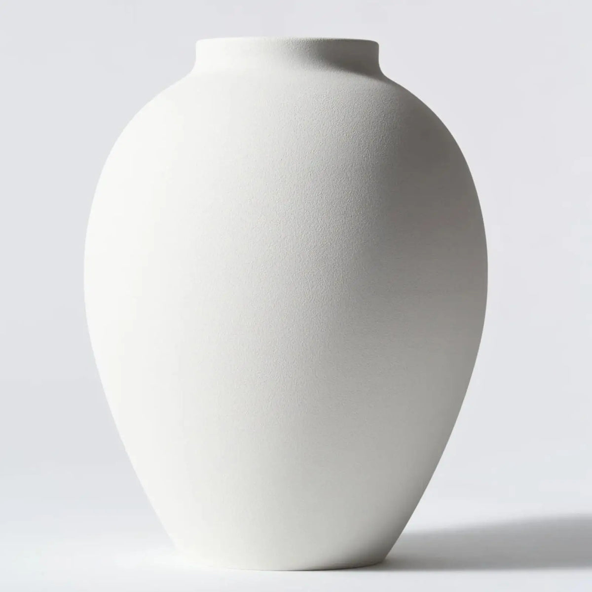 A large matte black decorative vase with a smooth, rounded shape is shown against a light gray background.