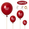A collection of deep burgundy latex balloons in various sizes, including 18 inch, 12 inch, 10 inch, and 5 inch, along with ac
