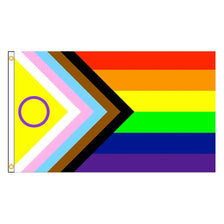 Horizontales Flaggen-Design mit Streifen in Orange, Gelb, Grün und Blau, mit einer diagonalen Sektion in Lila und Pink.