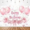 A pink birthday party backdrop featuring balloons, glitter, and a heart-shaped frame with the text Happy Birthday.