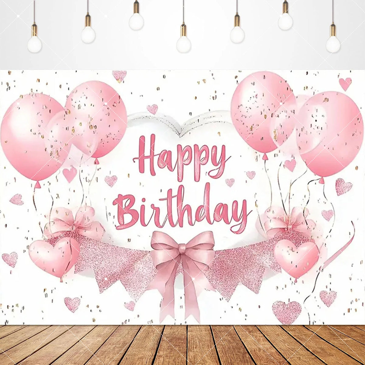 A pink birthday party backdrop featuring balloons, glitter, and a heart-shaped frame with the text Happy Birthday.