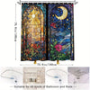 A vertical shower curtain featuring a colorful night sky and moon design for bathroom decor
