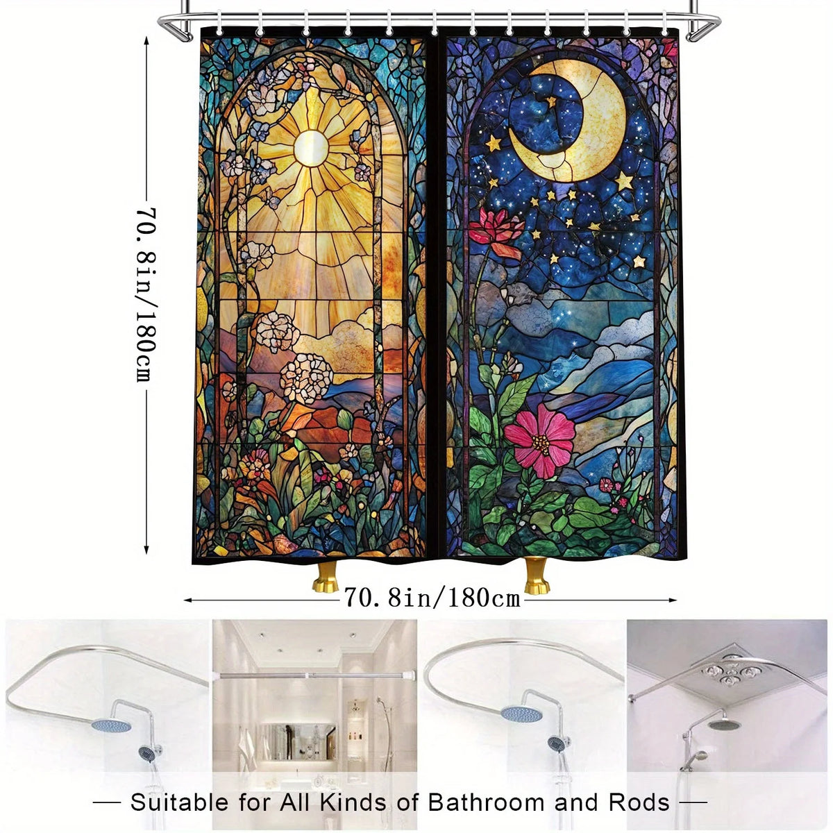 A vertical shower curtain featuring a colorful night sky and moon design for bathroom decor