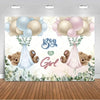 A gender reveal backdrop featuring soft pastel balloons, teddy bears, and greenery with the words Boy or Girl.