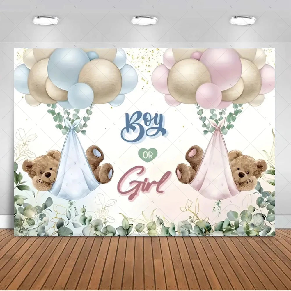 A gender reveal backdrop featuring soft pastel balloons, teddy bears, and greenery with the words Boy or Girl.