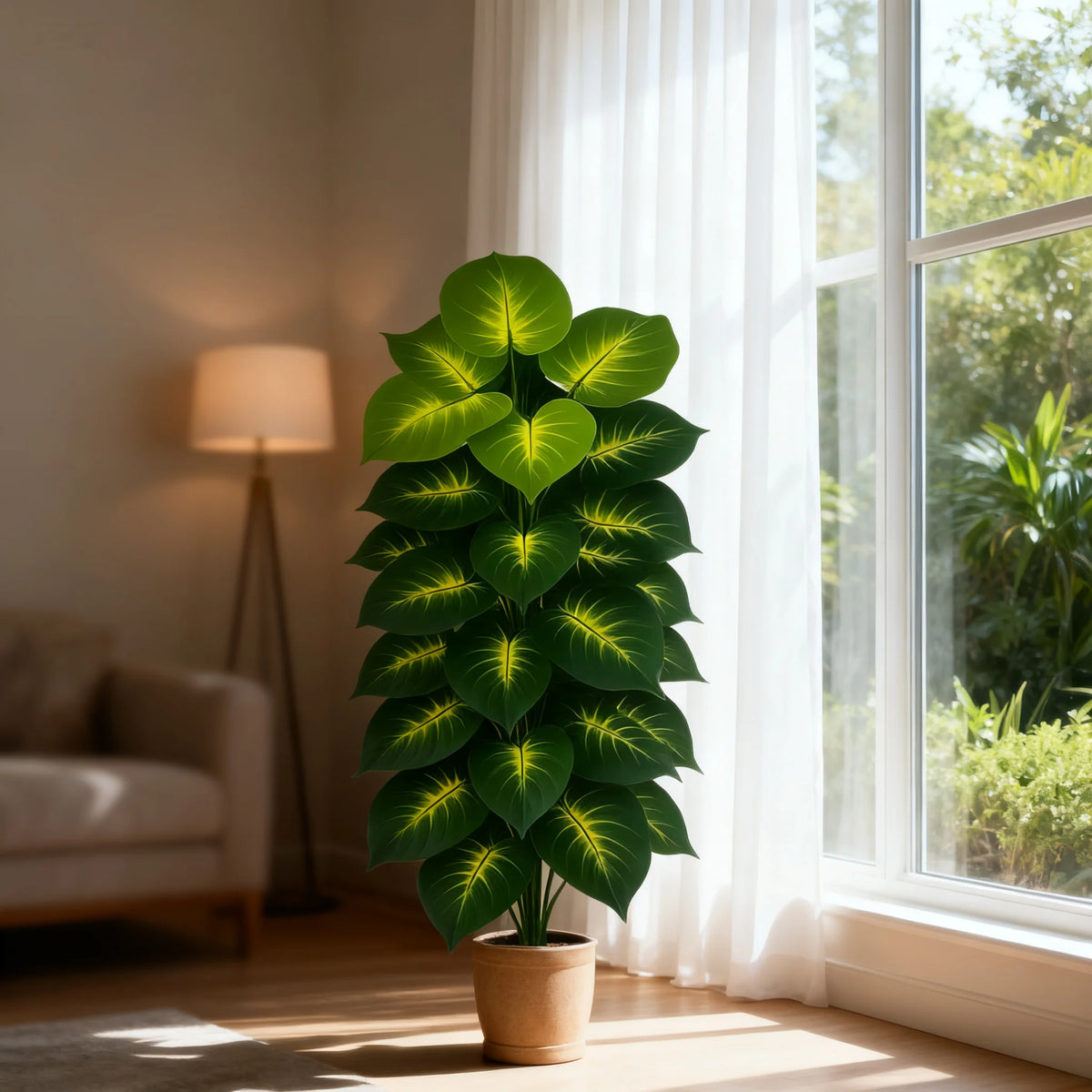A vibrant green artificial palm tree with 24 leaves sits in a terracotta pot next to a window.