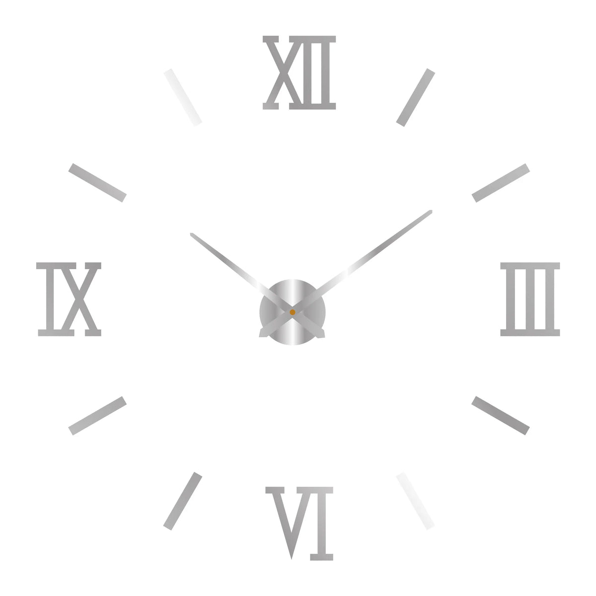 A silver-toned modern 3D acrylic wall clock face showing the Roman numerals XII, IX, III, and VI.