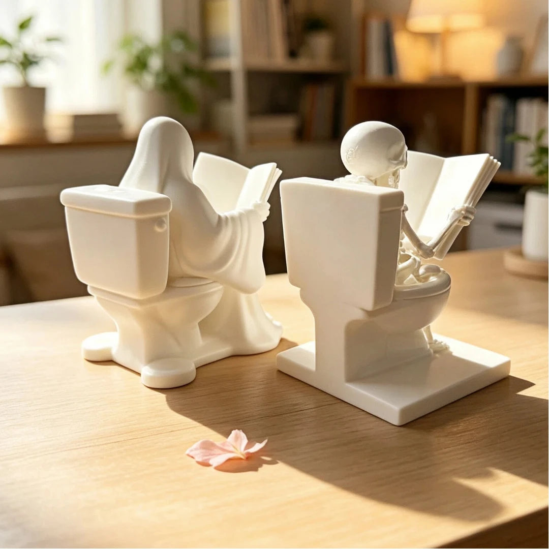 White ceramic statue depicting a skeleton ghost reading on a toilet, placed on a wooden table.