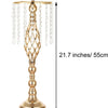 A gold crystal vase set featuring a tall, ornate centerpiece with dangling crystal strands.
