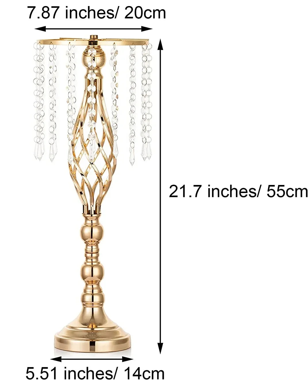 A gold crystal vase set featuring a tall, ornate centerpiece with dangling crystal strands.