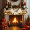 Autumn harvest fireplace mantel scarf featuring maple leaves and pumpkins decorating a wooden fireplace