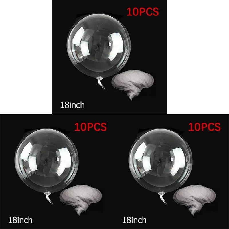 Clear bubble balloons shown in various sizes, including 18 inch and 10 pieces.
