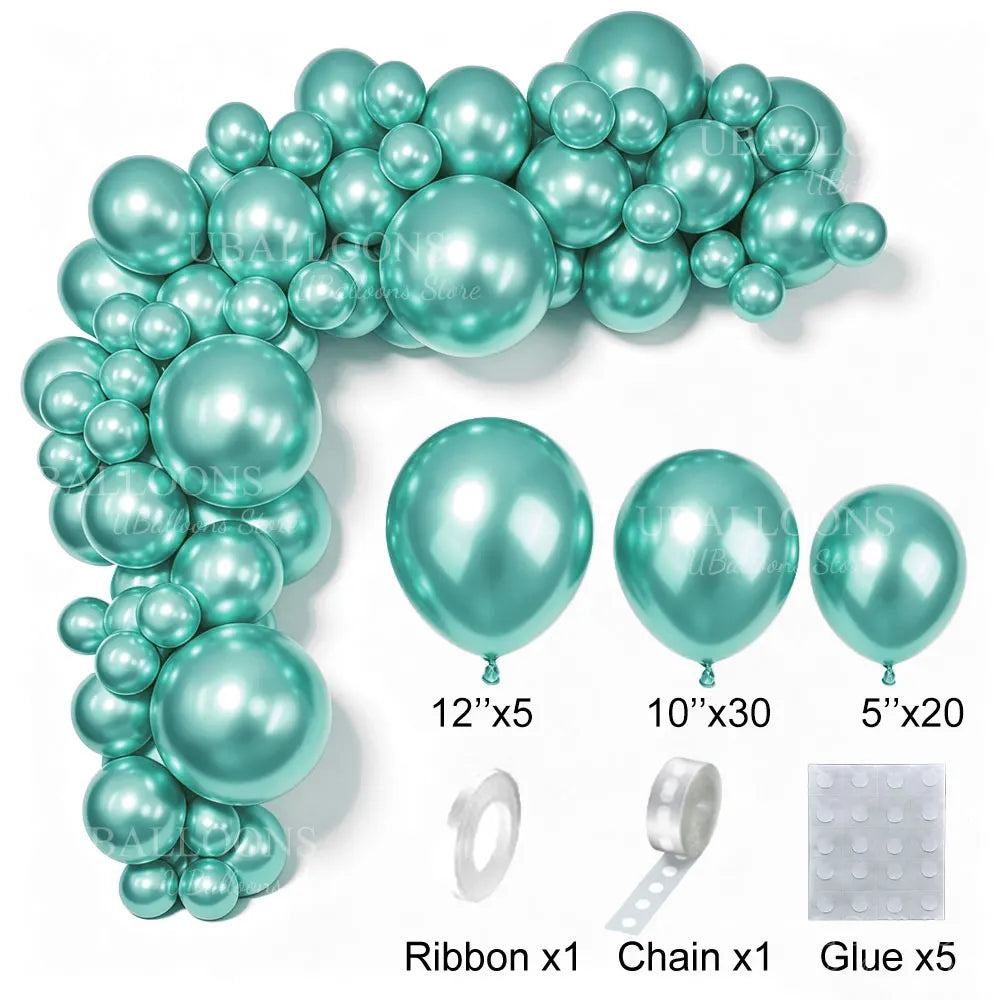 A green latex balloon garland kit featuring balloons, ribbon, chain, and glue for party decoration.