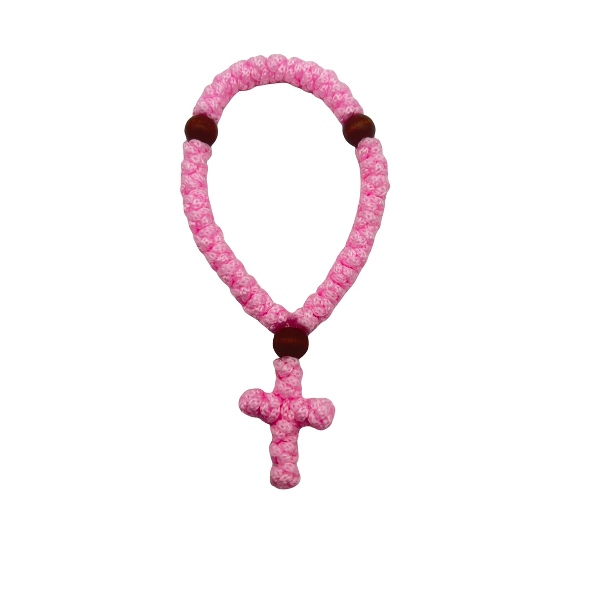 Handmade pink 33-knot Orthodox prayer rope with a cross charm