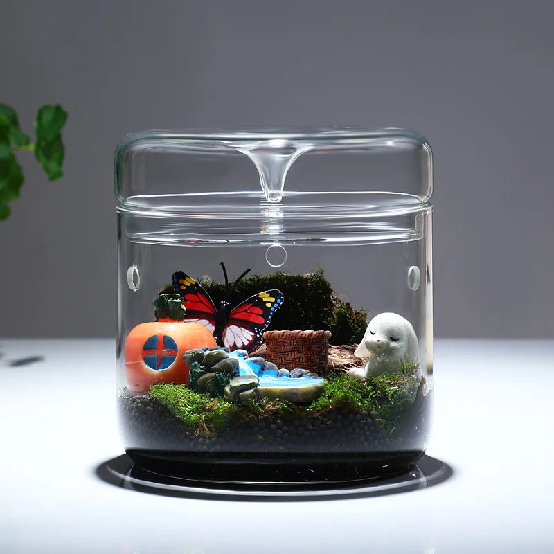 A clear glass container filled with moss, rocks, and small decorative items like a white snail and a butterfly.