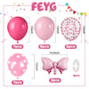 A set of pink foil bow balloons including 7, 9, and 5 count balloons and two pink butterfly shaped balloons.