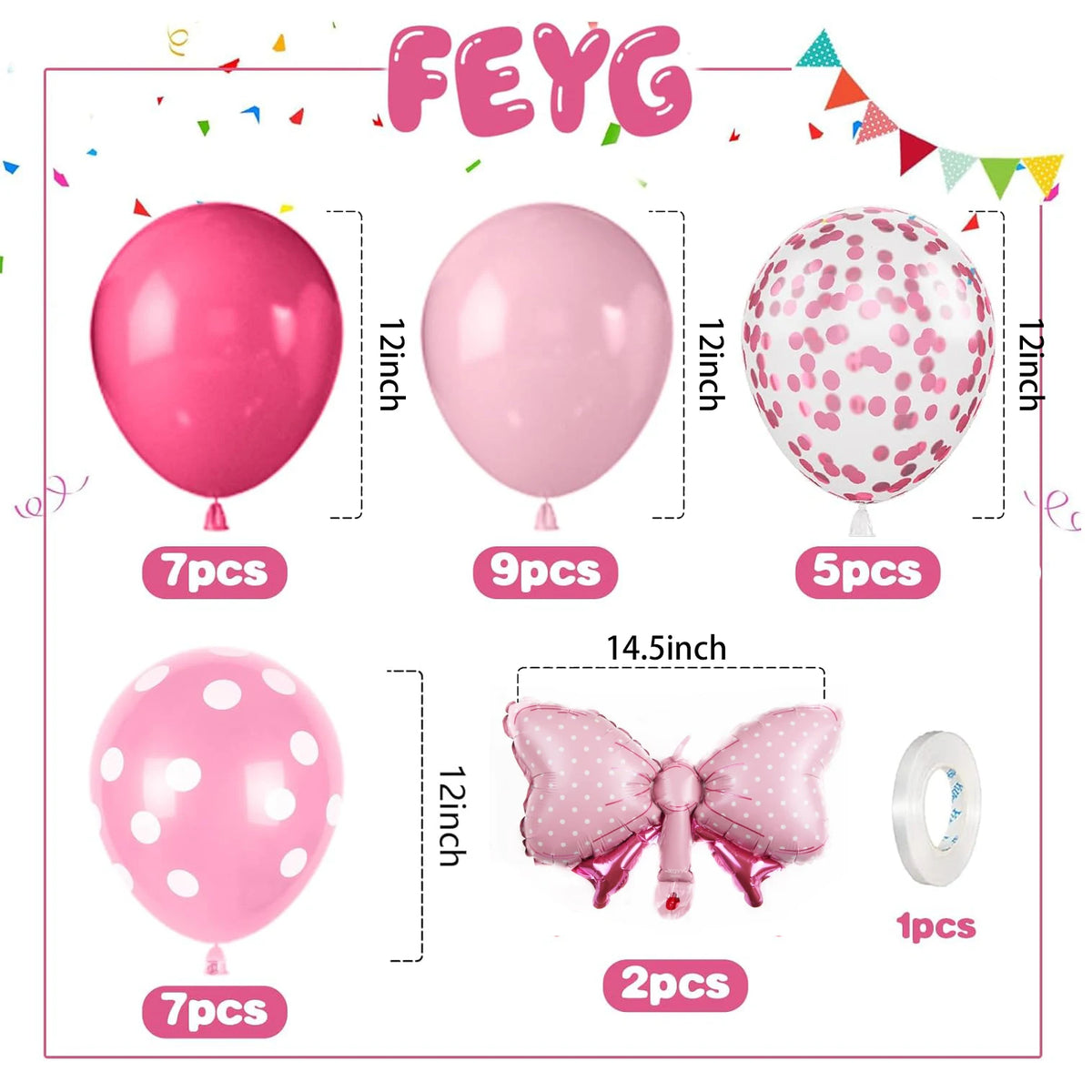 A set of pink foil bow balloons including 7, 9, and 5 count balloons and two pink butterfly shaped balloons.