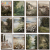 A collection of vintage oil paintings depicting European countryside scenes, including river villages and fields with white d